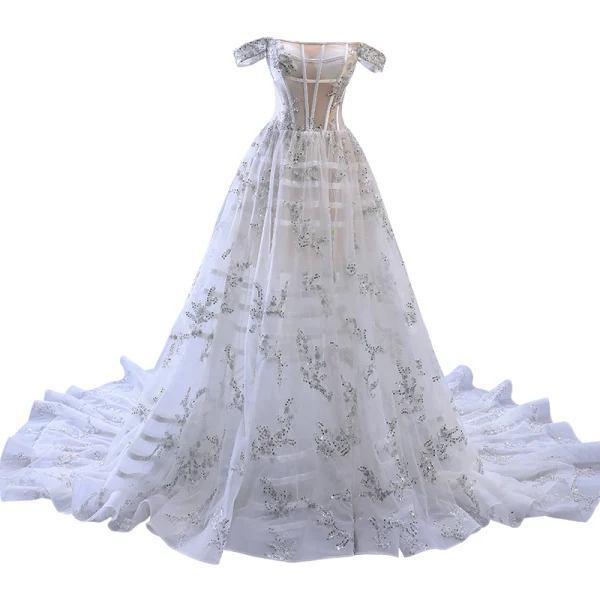 Haut de Gamme Blanche Fait main Perlage Paillettes Robe De Mariée 2023 Princesse De l'épaule Sans Manches Dos Nu Tribunal Train Mariage