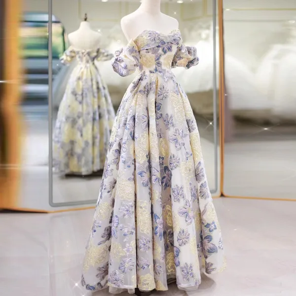 Chic / Beautiful Lavender Printing Prom Dresses 2025 A-Line / Princess Off-The-Shoulder Short Sleeve Backless Floor-Length / Long Prom Formal Dresses