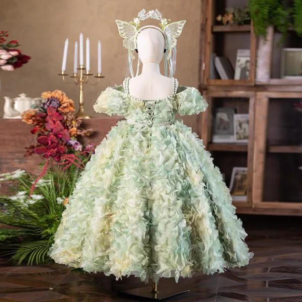 Flower Fairy Sage Green Appliques Birthday Flower Girl Dresses 2025 Ball Gown Spaghetti Straps Pearl Short Sleeve Backless Floor-Length / Long
