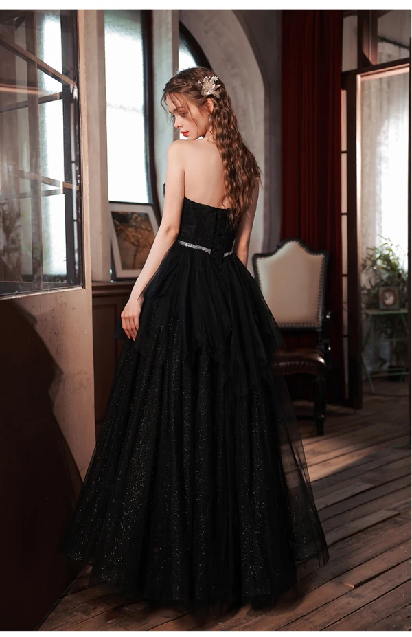 Charming Black Sequins Prom Dresses 2022 A-Line / Princess Organza Strapless Sleeveless Backless Rhinestone Sash Floor-Length / Long Prom Formal Dresses