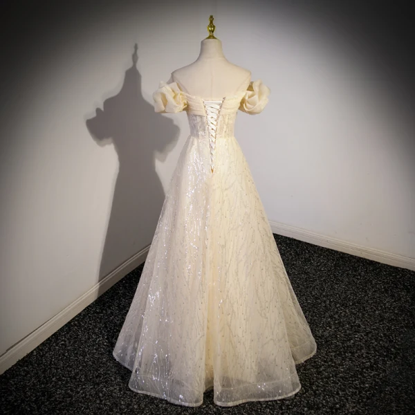 Charmant Bling Bling Champagne Paillettes Robe De Bal 2023 Princesse De l'épaule Manches Courtes Dos Nu Longue Promo Robe De Ceremonie