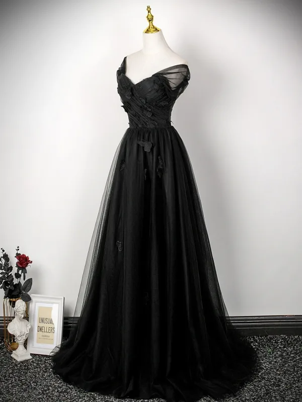 Vintage / Retro Black Lace Butterfly Prom Dresses 2025 A-Line / Princess Off-The-Shoulder Short Sleeve Backless Floor-Length / Long Prom Formal Dresses