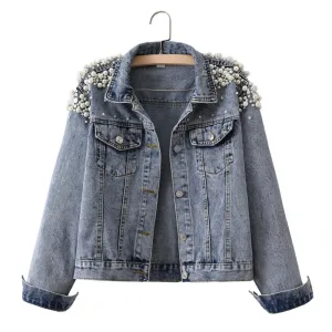 Women Beading Rhinestone Pearl Denim Sky Blue Coats Jackets Cotton Loose Lapel Street Wear Fall Winter Long Sleeve Tops