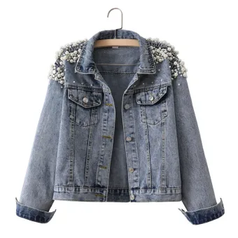 Women Beading Rhinestone Pearl Denim Sky Blue Coats Jackets Cotton Loose Lapel Street Wear Fall Winter Long Sleeve Tops