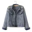 Women Beading Rhinestone Pearl Denim Sky Blue Coats & Jackets Cotton Loose Lapel  Street Wear Fall Winter Long Sleeve Tops