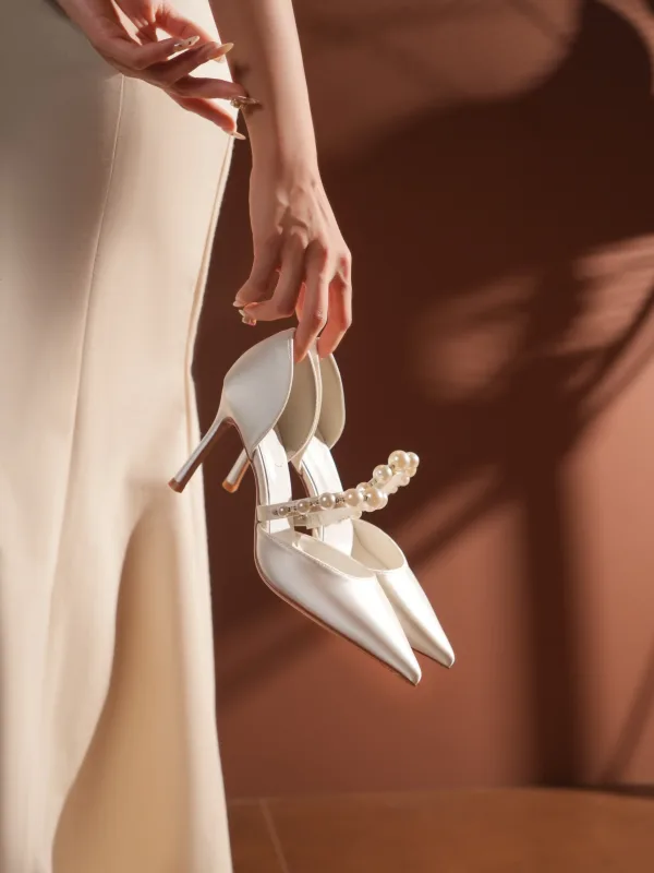Elegant White Pearl Satin Wedding Shoes 2025 High Heels 6 cm Stiletto Heels Pointed Toe Wedding Heels