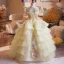 Vintage / Retro Medieval Champagne Beading Lace Flower Pearl Sequins Cascading Ruffles Birthday Flower Girl Dresses 2025 Ball Gown High Neck Short Sleeve