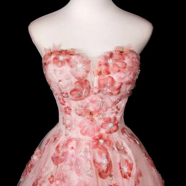 Flower Fairy Blushing Pink Beading Appliques Prom Dresses 2025 Ball Gown Strapless Sleeveless Backless Floor-Length / Long Formal Dresses