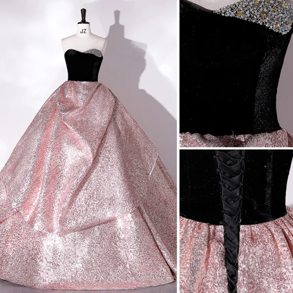 High-end Baroque Candy Pink Glitter Satin Prom Dresses 2022 Ball Gown Strapless Sleeveless Backless Beading Floor-Length / Long Formal Dresses
