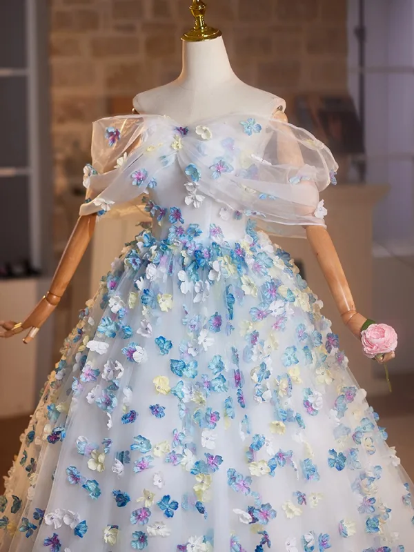 Flower Fairy Sky Blue Appliques Prom Dresses 2025 Ball Gown Off-The-Shoulder Short Sleeve Backless Floor-Length / Long Prom Formal Dresses