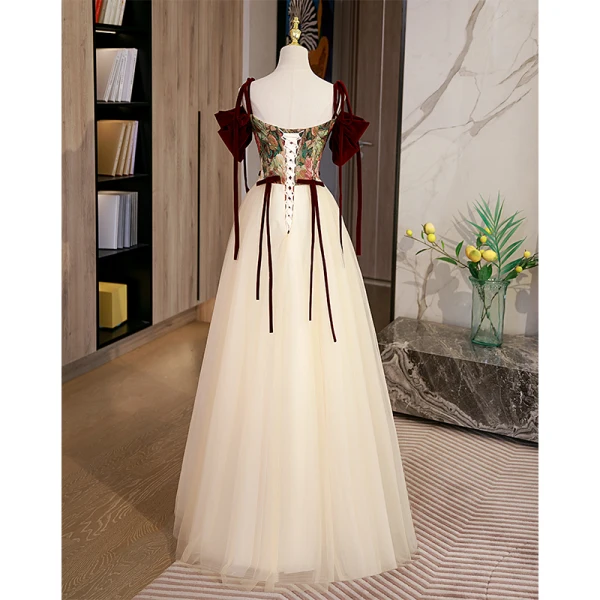 Chic / Beautiful Champagne Embroidered Prom Dresses 2022 A-Line / Princess Off-The-Shoulder Short Sleeve Backless Beading Bow Sash Floor-Length / Long Formal Dresses