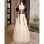 Chic / Beautiful Champagne Embroidered Prom Dresses 2022 A-Line / Princess Off-The-Shoulder Short Sleeve Backless Beading Bow Sash Floor-Length / Long Formal Dresses