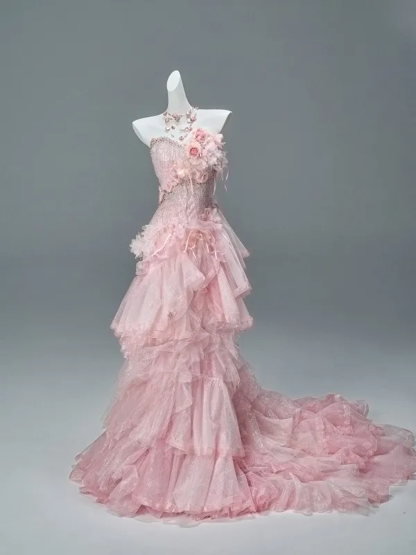 Luxe Charmant Rose Bonbon Perlage Paillettes Appliques Volants en Cascade Robe De Soirée 2026 Trompette / Sirène Bustier Sans Manches Dos Nu Train De Balayage Robe De Ceremonie