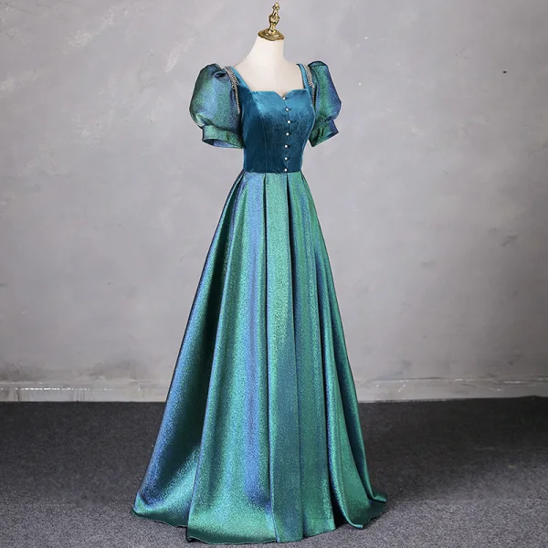 Vintage / Retro Green Prom Dresses 2024 A-Line / Princess Square Neckline Puffy Short Sleeve Backless Floor-Length / Long Prom Formal Dresses