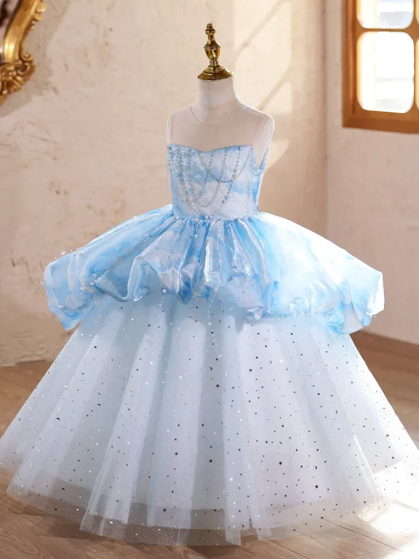 Fashion Sky Blue Beading Star Sequins Birthday Flower Girl Dresses 2026 Ball Gown Scoop Neck Sleeveless Backless Floor-Length / Long Tulle