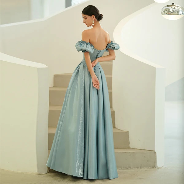 Modest Simple Sky Blue Prom Dresses 2022 A-Line Princess Off-The-Shoulder Puffy Short
