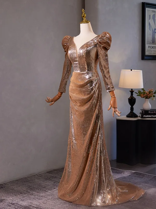 Scintillantes Doré Paillettes Robe De Bal 2024 Trompette / Sirène V-Cou Manches Longues Dos Nu Train De Balayage Promo Robe De Ceremonie