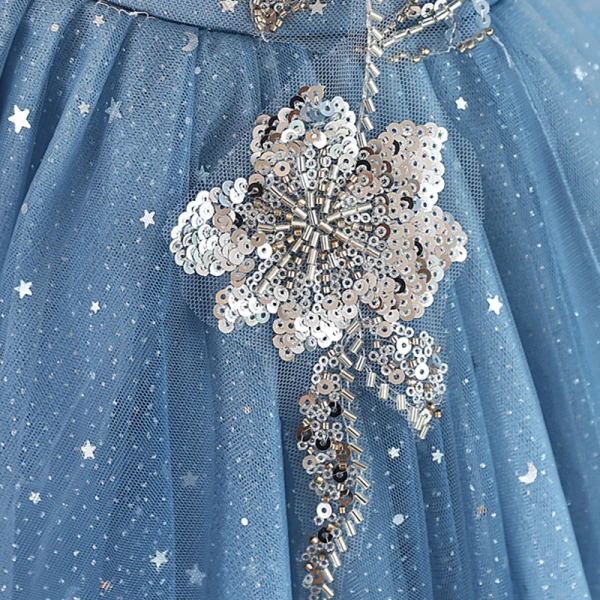 Fashion Sky Blue Beading Star Sequins Birthday Flower Girl Dresses 2023 Ball Gown V-Neck Short Sleeve Backless Floor-Length / Long Flower Girl Dresses