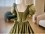 Modest / Simple Clover Green Bow Satin Prom Dresses 2024 Ball Gown Square Neckline Puffy Short Sleeve Backless Floor-Length / Long Prom Formal Dresses