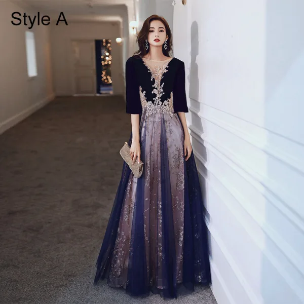 Elegant Navy Blue Beading Evening Dresses  Prom Dresses 2021 A-Line / Princess Scoop Neck Rhinestone Sequins Sleeveless Backless Floor-Length / Long Evening Party Formal Dresses
