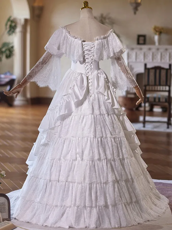 Vintage / Retro Medieval White Lace Flower Wedding Dresses Ball Gown 2025 Off-The-Shoulder Long Sleeve Backless Floor-Length / Long Wedding