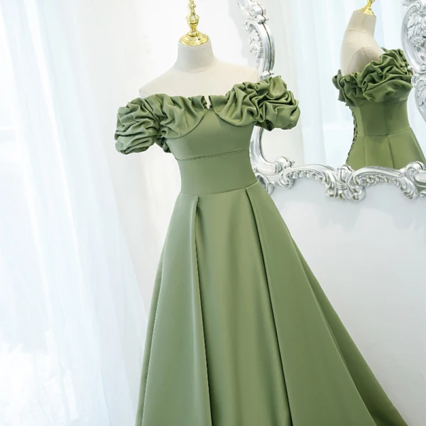 Vintage / Retro Solid Color Satin Green Ruffle Prom Dresses 2021 A-Line / Princess Off-The-Shoulder Crossed Straps Floor-Length / Long Formal Dresses