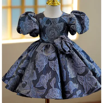 Vintage Retro Navy Blue Flower Birthday Short Flower Girl Dresses 2022 Ball Gown Scoop Neck Puffy Short Sleeve Flower Girl Dresses