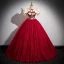 Vintage / Retro Chinese style Burgundy Beading Lace Flower Prom Dresses 2023 Ball Gown High Neck Bow Puffy Short Sleeve Floor-Length / Long Formal Dresses