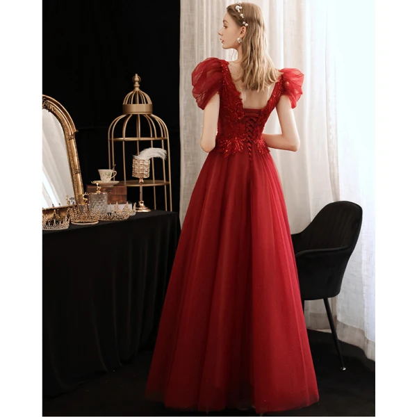 Charming Burgundy Beading Sequins Evening Dresses 2023 A-Line / Princess Scoop Neck Short Sleeve Backless Floor-Length / Long Evening Party Formal Dresses