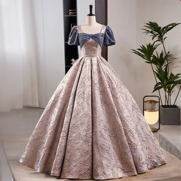 Fashion Dusky Pink Sequins Prom Dresses 2023 Ball Gown Square Neckline Bow Short Sleeve Backless Floor-Length / Long Formal Dresses