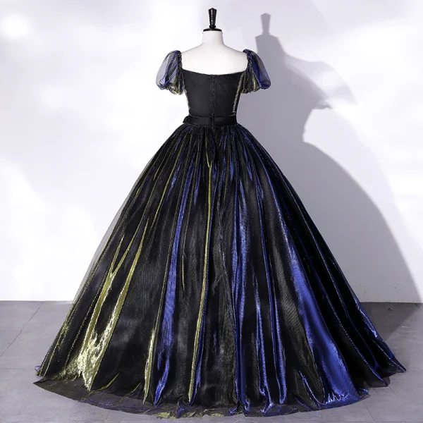 Élégant Bleu Marine Robe De Bal 2022 Robe Boule Encolure Carrée Manches Courtes Dos Nu Noeud Longue Promo Robe De Ceremonie