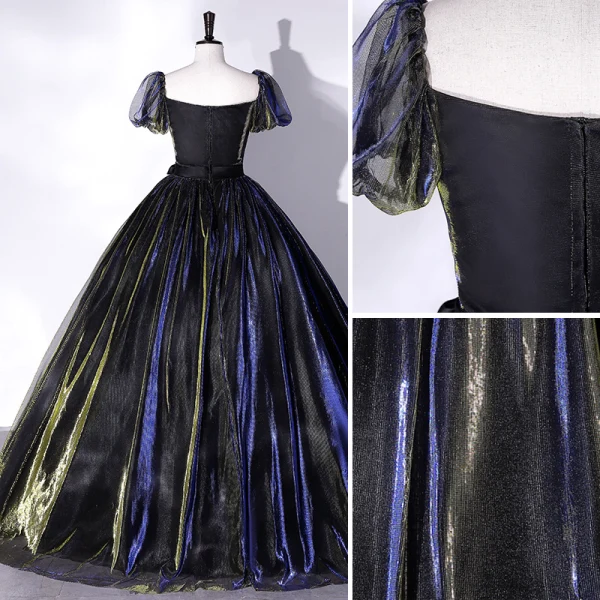 Élégant Bleu Marine Robe De Bal 2022 Robe Boule Encolure Carrée Manches Courtes Dos Nu Noeud Longue Promo Robe De Ceremonie