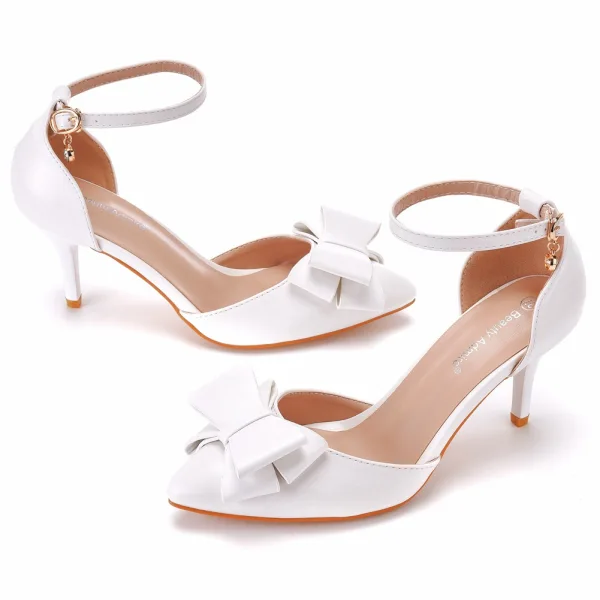 Élégant Blanche Noeud Chaussure De Mariée 2023 Bride Cheville 7 cm Talons Aiguilles À Bout Pointu Chaussure De Mariée Talons Hauts