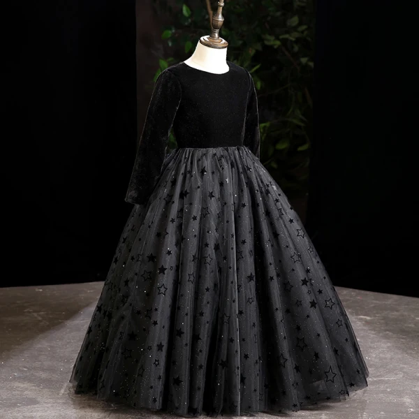Fashion Black Star Prom Flower Girl Dresses 2022 Scoop Neck Ball Gown Long Sleeve Floor-Length / Long Flower Girl Dresses