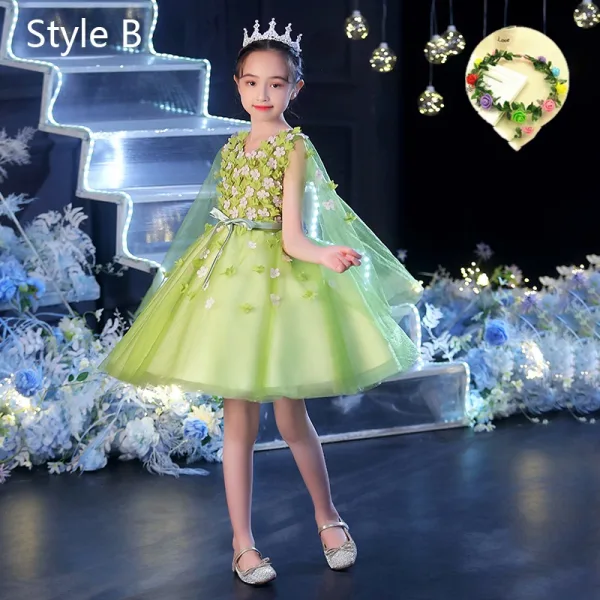 Flower Fairy Sage Green Appliques Birthday Flower Girl Dresses 2024 Ball Gown V-Neck Bell sleeves Floor-Length / Long