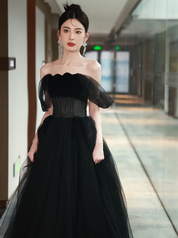 Sexy Black Beading Evening Dresses 2024 A-Line / Princess Off-The-Shoulder Sleeveless Backless Floor-Length / Long Evening Party Formal Dresses