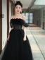 Sexy Black Beading Evening Dresses 2024 A-Line / Princess Off-The-Shoulder Sleeveless Backless Floor-Length / Long Evening Party Formal Dresses
