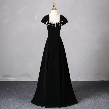 Élégant Noire Faux Diamant Robe De Bal 2024 Princesse Encolure Carrée Sans Manches Dos Nu Longue Promo Robe De Ceremonie