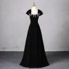 Elegant Black Rhinestone Prom Dresses 2024 A-Line / Princess Square Neckline Sleeveless Backless Floor-Length / Long Prom Formal Dresses