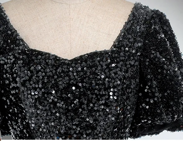 Glitzernden Schwarz Pailletten Ballkleid Ballkleider 2024 Eckiger Ausschnitt Kurze Ärmel Rückenfreies Lange Ball Festliche Kleider