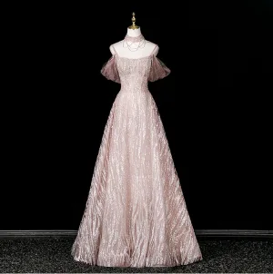 Sexy Sparkly Blushing Pink Beading Rhinestone Sequins Evening Dresses 2025 A Line Princess High Neck Short Sleeve Backless Floor Length Long Formal Dresses