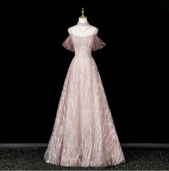 Sexy Scintillantes Rougissant Rose Perlage Faux Diamant Paillettes Robe De Soirée 2025 Princesse Col Haut Manches Courtes Dos Nu Longue Robe De Ceremonie