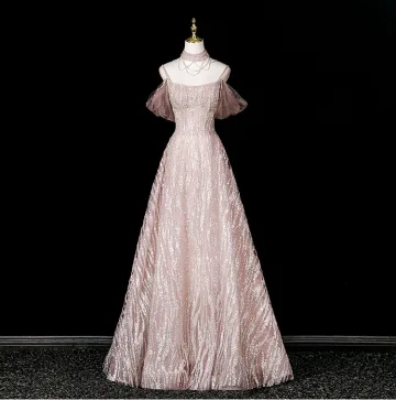 Sexy Sparkly Blushing Pink Beading Rhinestone Sequins Evening Dresses 2025 A Line Princess High Neck Short Sleeve Backless Floor Length Long Formal Dresses