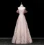 Sexy Glitzernden Rosa Perlenstickerei Strass Pailletten Abendkleider 2025 A Linie Stehkragen Kurze Ärmel Rückenfreies Lange Festliche Kleider