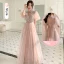 Chic / Beautiful Dusky Pink Pearl Rhinestone Sequins Bridesmaid Dresses 2022 A-Line / Princess Short Sleeve Backless Floor-Length / Long Bridesmaid