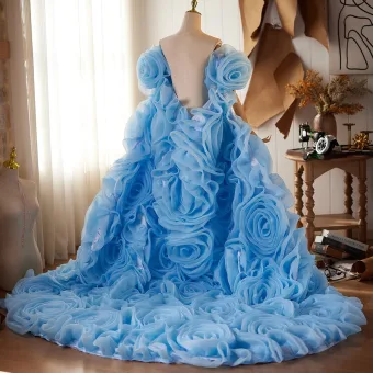 Flower Fairy Sky Blue Handmade Ruffle Flower Prom Shawl 2026 Tulle