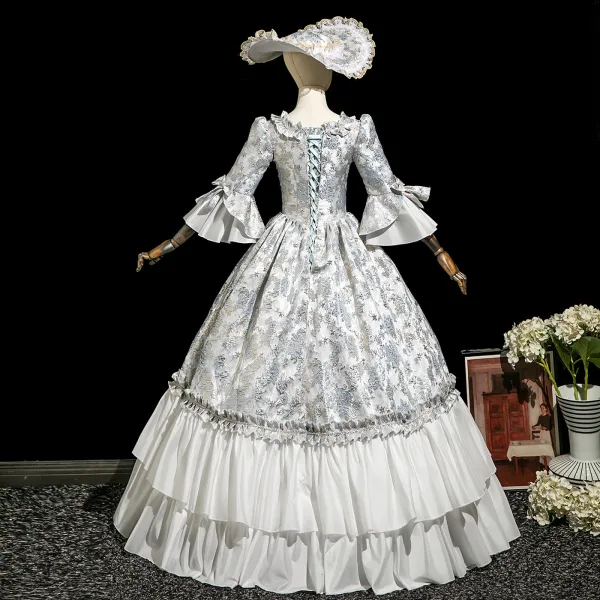 Vintage / Retro Medieval Ivory Printing Bow Prom Dresses 2025 Ball Gown Square Neckline Bell sleeves Floor-Length / Long Prom Formal Dresses