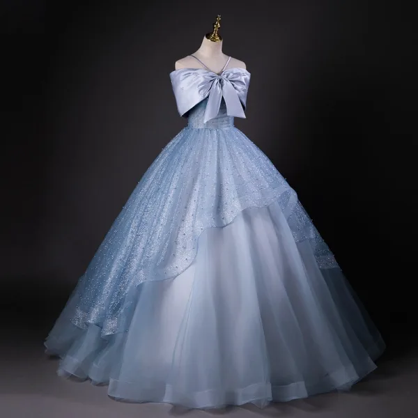 Bling Bling Sky Blue Bow Pearl Sequins Prom Dresses 2026 Ball Gown Spaghetti Straps Sleeveless Backless Floor-Length / Long Formal Dresses