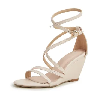 Romain Sexy Beige Soirée Sandales Femme 2022 7 Cm Compensées Bride Cheville Peep Toes Bout Ouvert Sandales