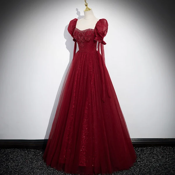 Elegant Burgundy Beading Rhinestone Prom Dresses 2023 A-Line / Princess Scoop Neck Puffy Short Sleeve Backless Floor-Length / Long Formal Dresses